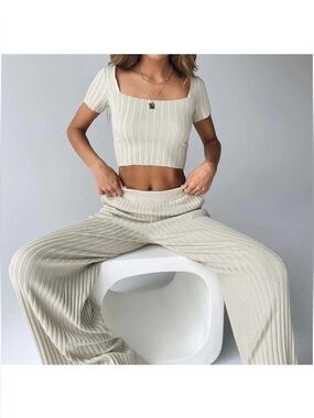 Princess Polly Katie White Leg Ribbed Beige Pant Size XS/S